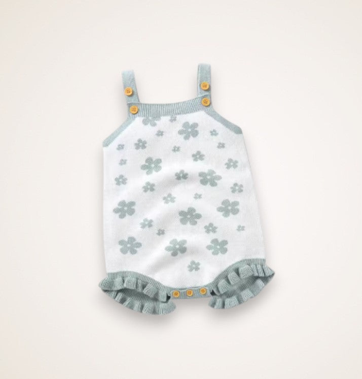 retro flowers ruffle onesie - blue