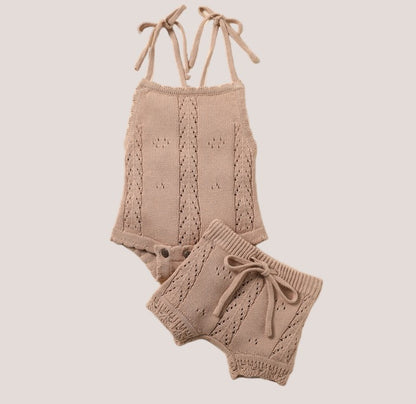 knit two piece onesie + shorts set - tan