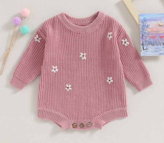 floral embroidered sweater onesie - pink