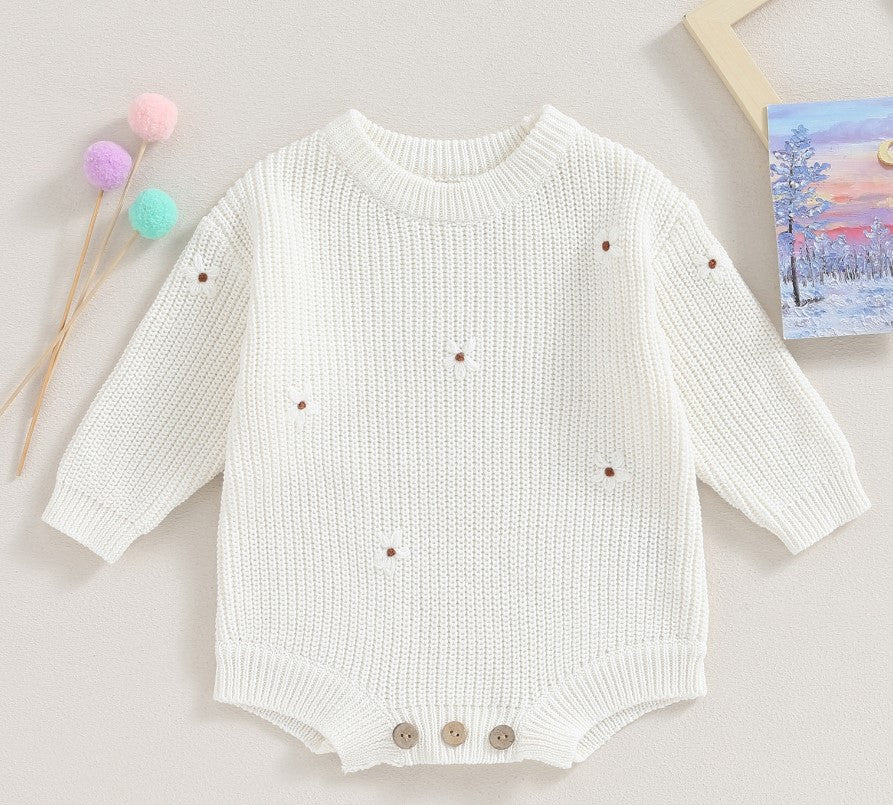 floral embroidered sweater onesie - white