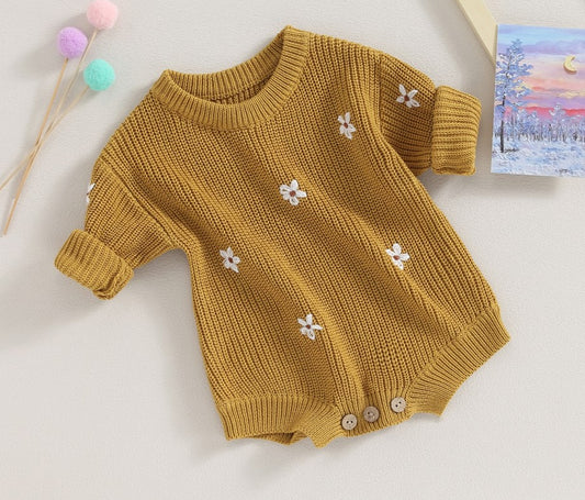 floral embroidered sweater onesie - mustard