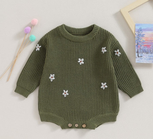 floral embroidered sweater onesie - green