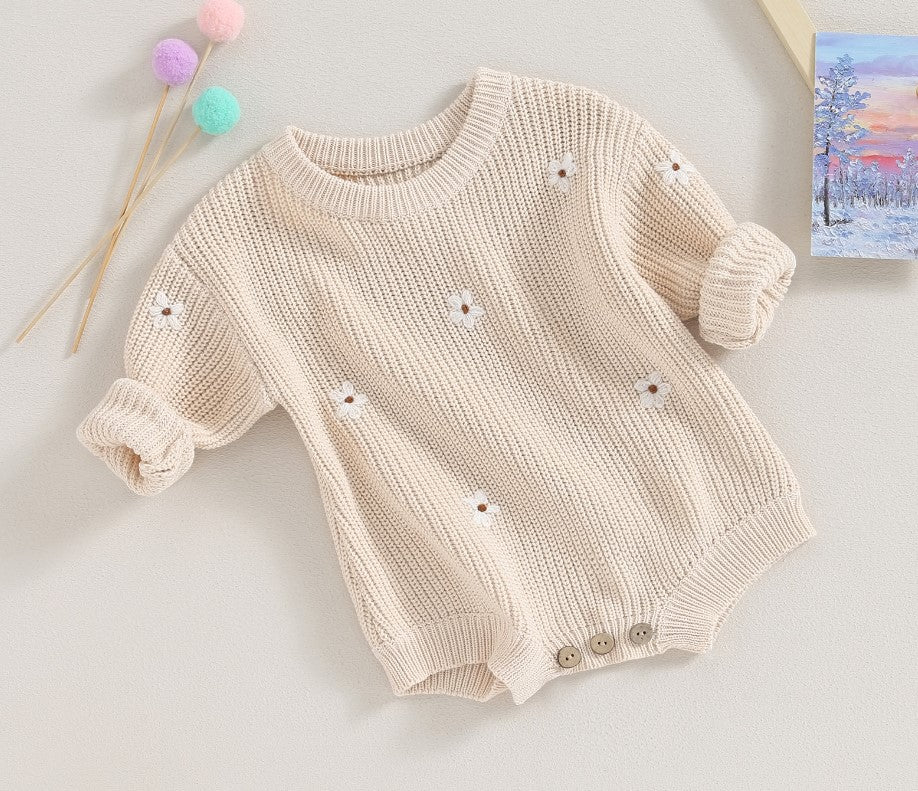 floral embroidered sweater onesie - beige