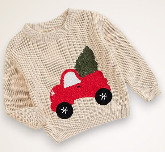 holiday tree truck sweater - beige