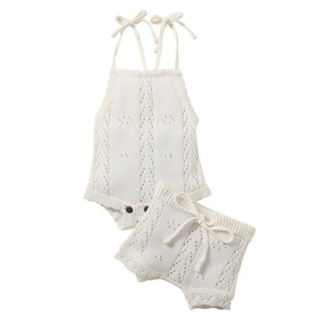 knit two piece onesie + shorts set - white