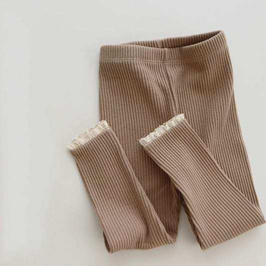 ribbed leggings with lace - tan